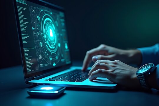 Hands typing on futuristic digital laptop interface with holographic display, concept of cybersecurity, AI programming, and high-tech innovation
