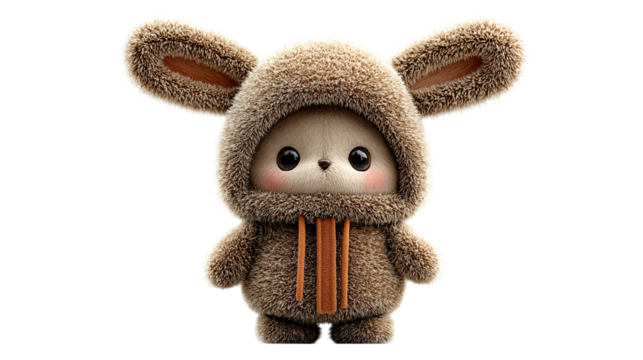 Cute Bunny in a Furry Outfit: Adorable furry bunny stands, dressed in a cozy outfit, capturing playful innocence and childlike wonder, creating a cheerful atmosphere.