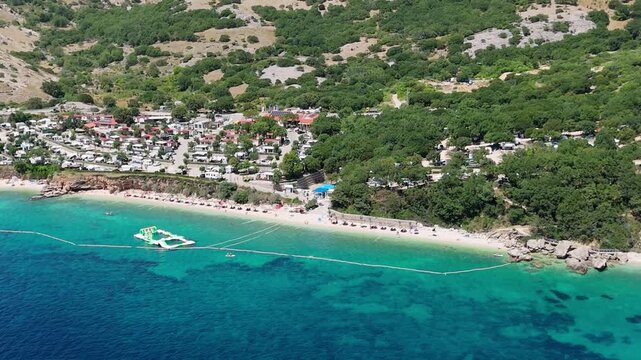 Campsite at Campig Skrila, Krk Island, Stara Baska Croatia, Aerial View of the Mountains and Coast With Boats, Beaches and Adriatic Sea.  The Seaside Rv Campmobiles on a Summer Beautiful Coastline
