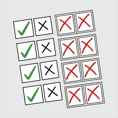 Vector illustration of multiple checkboxes with green check marks, black X marks, and red X marks, representing choices, selection, rejection, decision making, and evaluation in a checklist format.