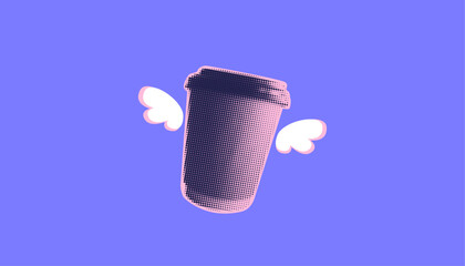 Halftone styled takeaway coffee cup with wings. Dotted coffee-themed design collage element. Coffee to-go pop art  icon of energy concept.