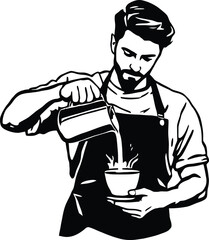 Drink Service Icon Illustration Minimalist Black Silhouette Featuring Aproned Person Pouring Steaming Liquid from Pitcher into Cup within Circular Frame for Caf&eacute;, Hospitality, and Beverage Graphic Des