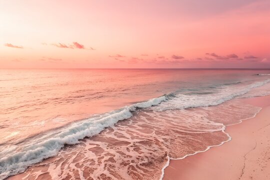 Illustration of pink sunset over the ocean waves rolling onto the sandy beach