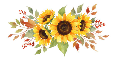 A watercolor bouquet of bright yellow sunflowers with brown centers, accented by red berries and autumn leaves, isolated on transparent background