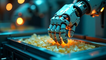 Robotic arm sorting food in a tray