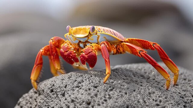 Vibrant Crab on Stone: A striking macro shot of a vividly colored crab perches on a textured stone, revealing intricate details of its shell and limbs. capturing a unique moment in nature.