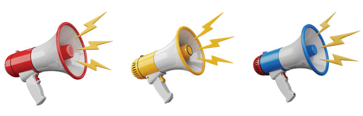 Three Colorful Megaphones with Lightning Bolts on White Background Announcement Concept