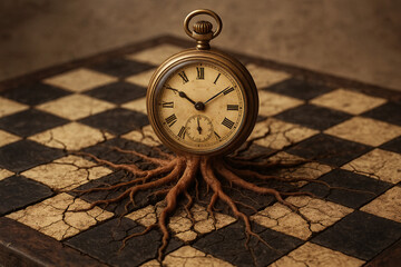 cracked chessboard acting as soil with a miniature antique pocket watch growing tree roots deep into its surface