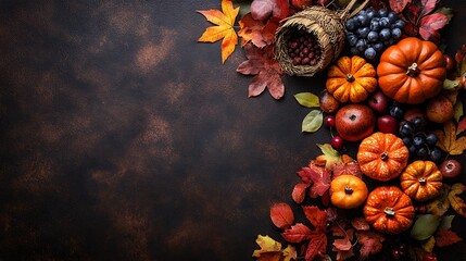 Autumn harvest of pumpkins grapes apples and colorful fall leaves image