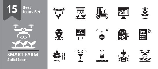 Solid icon set illustrating smart farming and agricultural technology including drones, soil sensors, GPS tractors, automated irrigation, AI-based crop management, and livestock tracking.