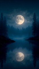 Naklejka premium Moonlit Lake Reflection – Dark AMOLED Nature