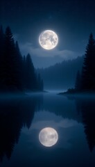 Fototapeta premium Moonlit Lake Reflection – Dark AMOLED Nature