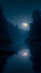 Fototapeta premium Moonlit Lake Reflection – Dark AMOLED Nature