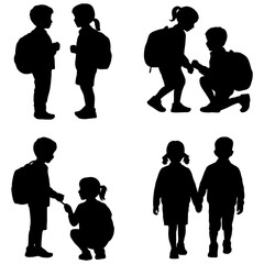 Silhouettes of children with backpacks set