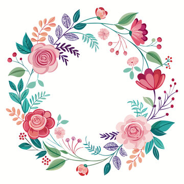 Beautiful floral wreath with pink roses and green leaves isolated on white background