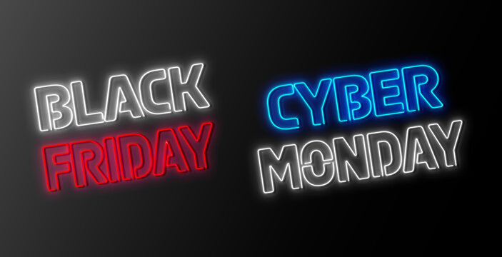 Black Friday, Cyber Monday banner. Hanging sale signboards on pink and blue bright background. Modern design with neon elements.
