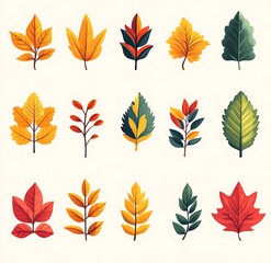 Collection of Stylized Autumn Leaves in Various Colors and Shapes fall foliage leaf collection