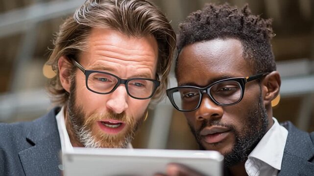 Focused Collaboration: Two astute professionals, one of European descent and another of African descent, intently analyze a tablet screen, showcasing teamwork and problem-solving