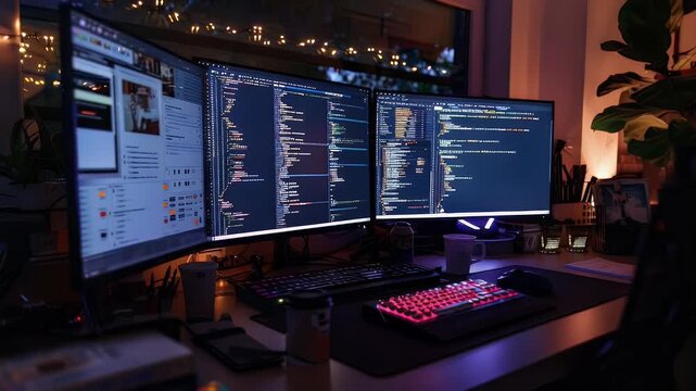 Stylish workspace featuring dual monitors with coding screens glowing under warm ambient lighting.