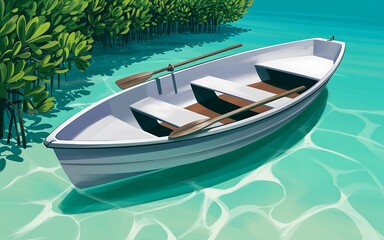 Naklejka premium A Serene Scene of a Small White Rowboat Gently Floating on Crystal Clear Turquoise Water Near a Lush Green Mangrove Shoreline Under a Bright Sunny Day