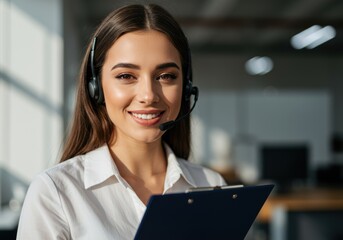 Happy customer service representative smiles while assisting a client in a bright office setting