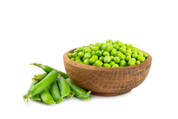 Fresh green pea pods with green peas isolated on white background. Sweet green peas. Green pea beans vegetables. Vegan. healthy vegetable