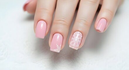 Elegant Pink Manicured Nails with Glitter Nail Art Design on Woman's Hand isolated PNG with Transparent Background