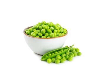 Fresh green pea pods with green peas isolated on white background. Sweet green peas. Green pea beans vegetables. Vegan. healthy vegetable