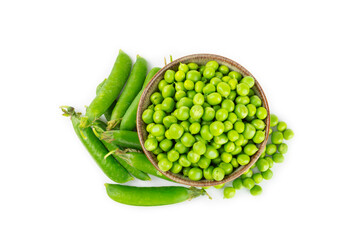 Fresh green pea pods with green peas isolated on white background. Sweet green peas. Green pea beans vegetables. Vegan. healthy vegetable