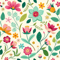 Vibrant floral pattern with various flowers and leaves isolated on white background