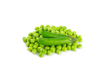 Fresh green pea pods with green peas isolated on white background. Sweet green peas. Green pea beans vegetables. Vegan. healthy vegetable