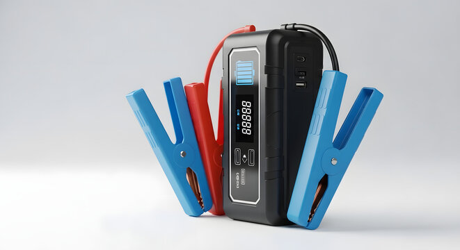 A portable car jump starter with booster cables and clamps