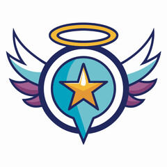 Cartoon star with wings and halo symbol isolated on white background