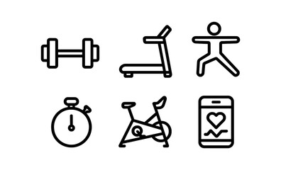 Flat fitness icons set: dumbbell, treadmill, yoga, timer, exercise bike, heart monitor
