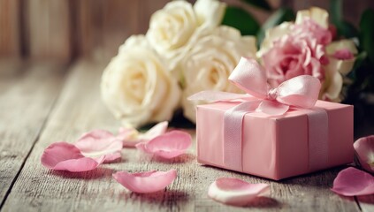 A pink gift box with a ribbon sits on a wooden table, accompanied by a bouquet of white roses and pink rose petals. This scene evokes the concept of Valentine's Day. The photograph.