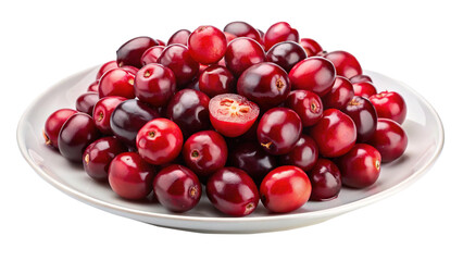 A heaping pile of ruby red cranberries on a white plate