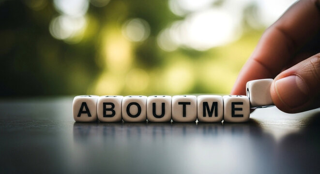 About me blocks concept for personal branding and introduction with hand and blurred nature background