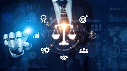 Futuristic digital law interface displaying justice scale, highlighting digital law, AI compliance, digital law systems, and digital law regulations for secure governance. Muxer