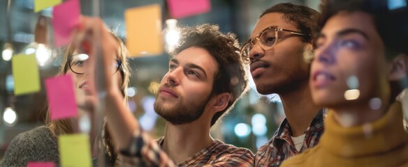The young professionals collaborating on a creative project with sticky notes.