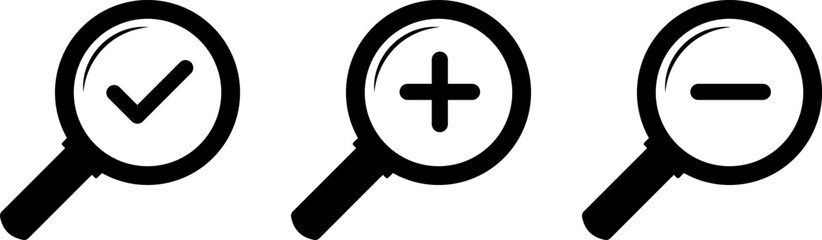 Fototapeta premium Search icon set. zoom in and zoom out icons. magnifier with plus and minus. Magnifier or loup with check mark signs. search and investigation symbol 