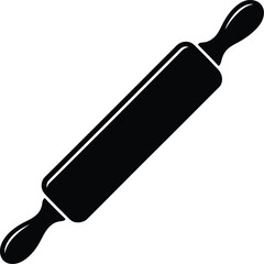 Simple black silhouette of a classic rolling pin on a white background