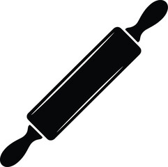 Simple black silhouette of a classic rolling pin on a white background