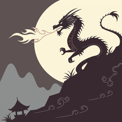 Fire-Breathing Chinese Dragon in Motion – Silhouette Artwork