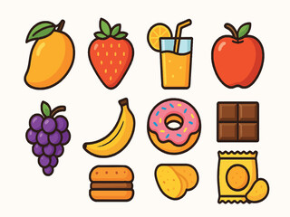 Colorful Flat Icons of Fruits, Snacks, and Drinks — Fun Cartoon Food Set