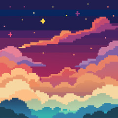 Obraz premium Pixel art sunset sky with colorful clouds and stars isolated on white background