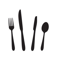 Black silhouette of a fork two knives and a spoon on a white background