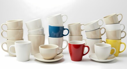 Colorful Ceramic Mugs  Cups Collection on white background