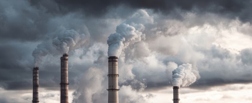 The factory emitting smoke under a cloudy sky in an industrial landscape. - Powered by Adobe