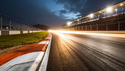 Fototapeta premium Asphalt surface racing track corner in night motion blur