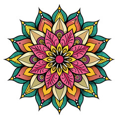 Colorful intricate floral mandala design with pink yellow and teal petals isolated on white background